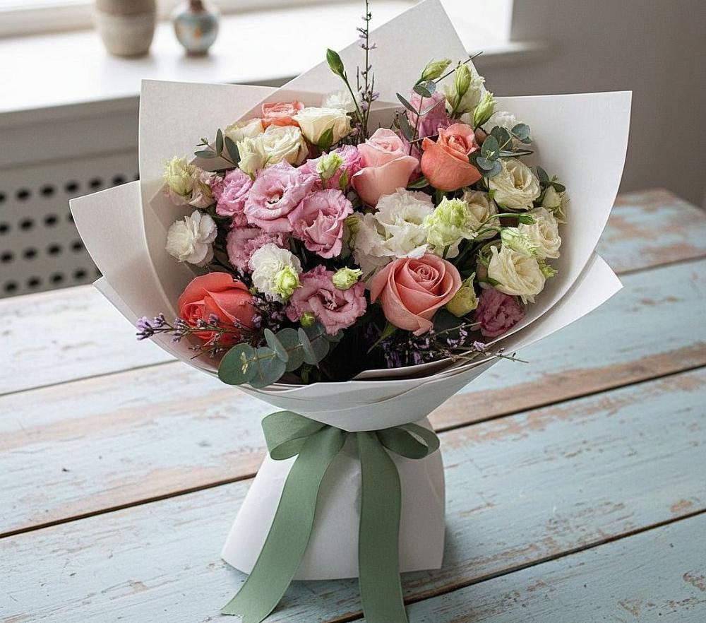 Букет цветов из: Розы, Лизиантусы и Гвоздики в Брикет