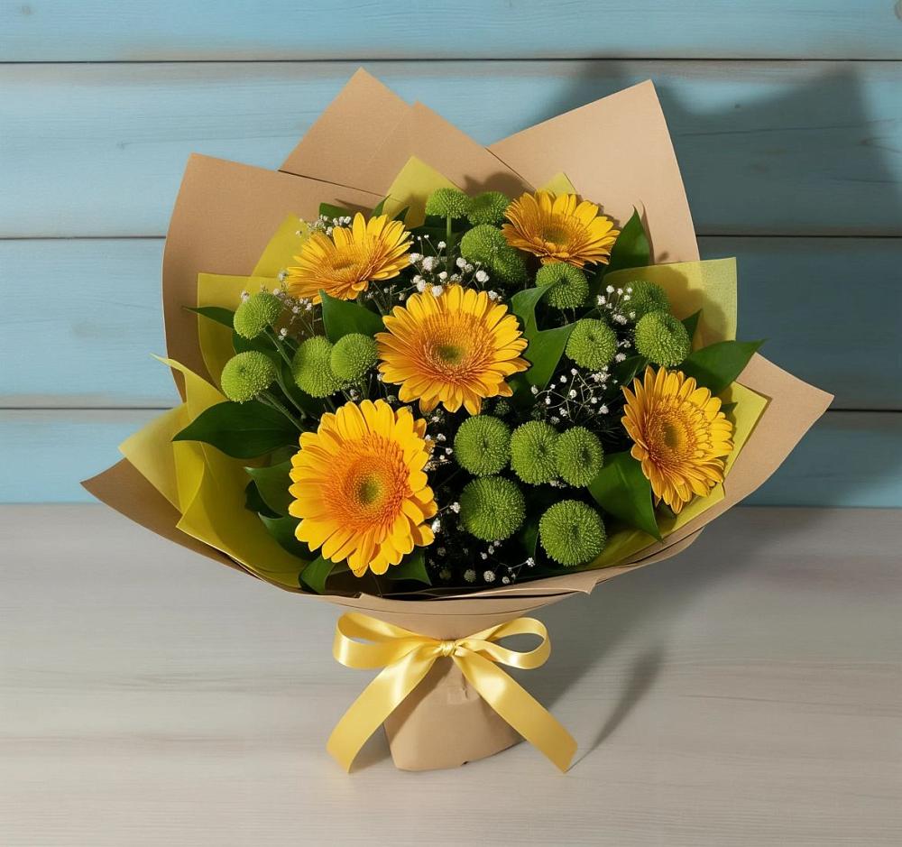 Букет цветов из: Герберы и Хризантемы в Брикет
